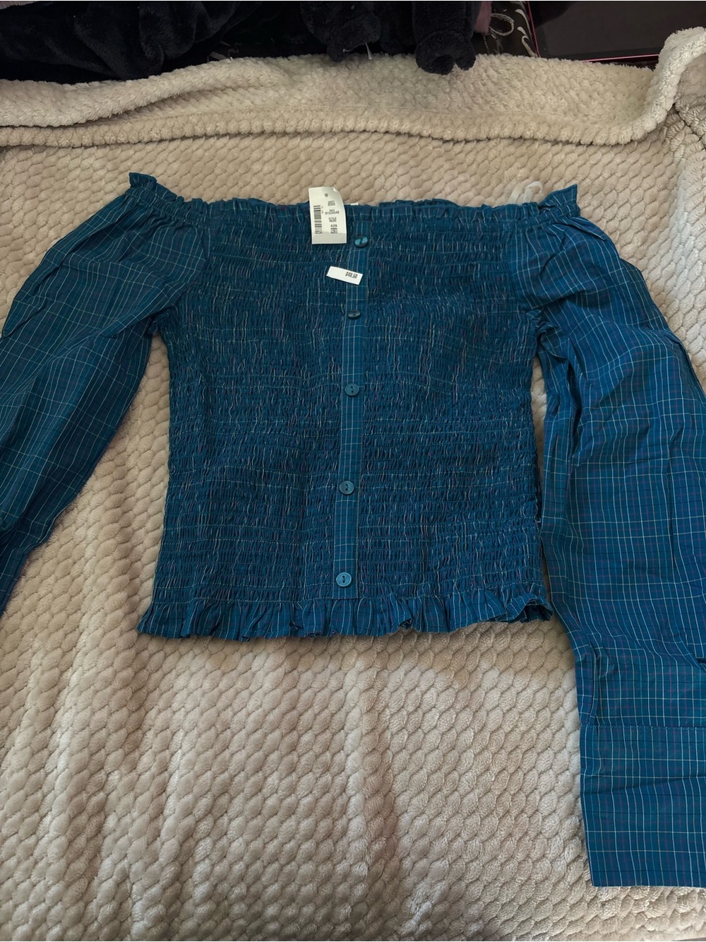 Aeropostale Teal Blue Plaid Off-Shoulder Smocked Top